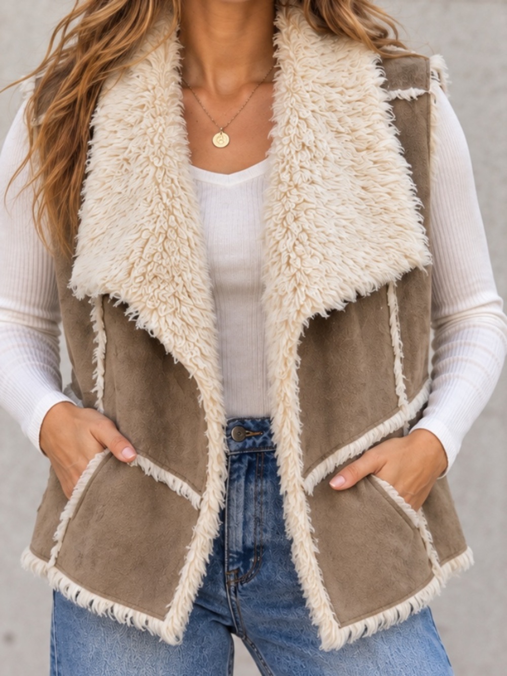 Olive & Oak Sherpa Lined Vest Faux Suede Womens Size Small Beige